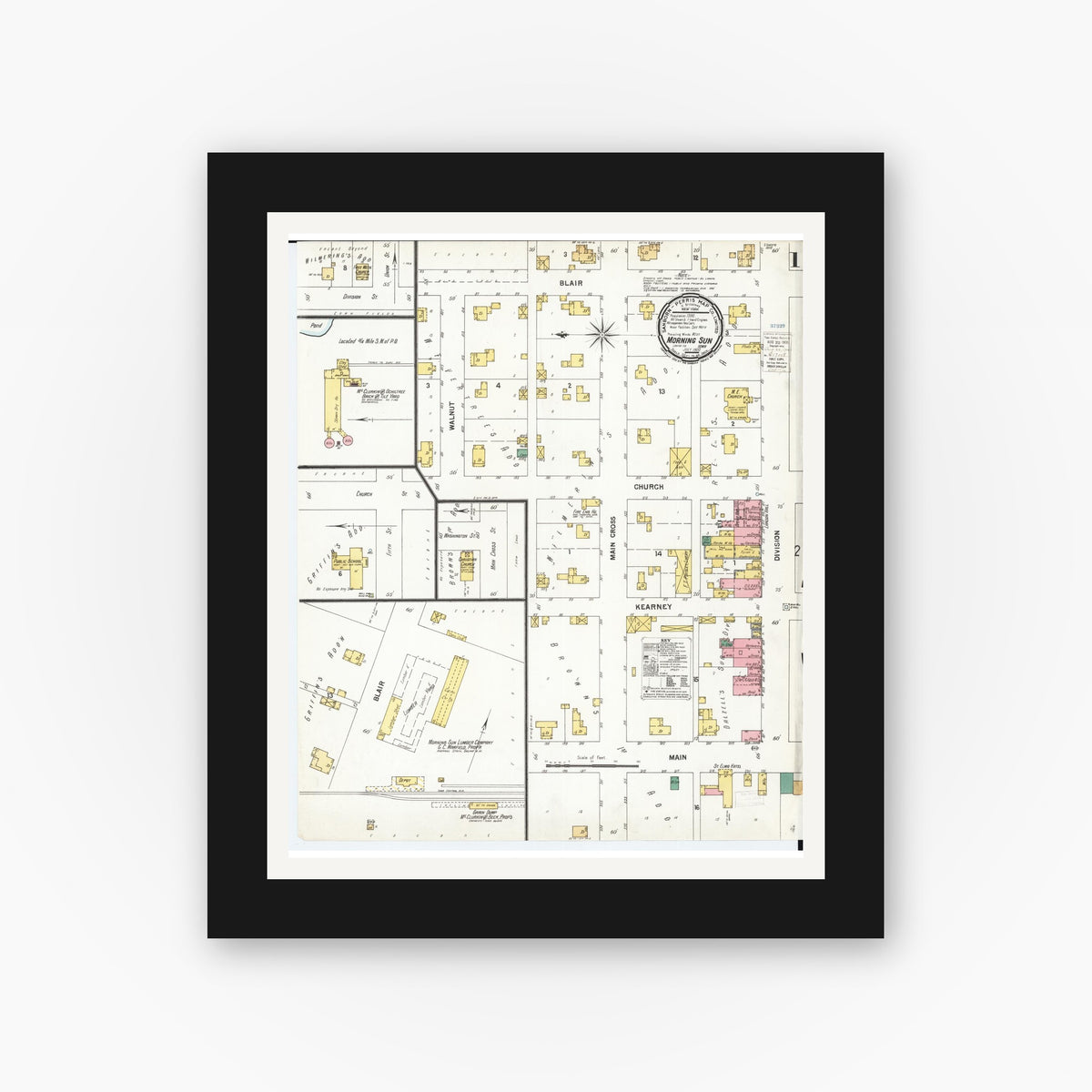 Old map wall art mockup — black gallery frame with white mat — Sanborn Fire Insurance Map from Morning Sun, Louisa County, Iowa (1900), Sheet #0001