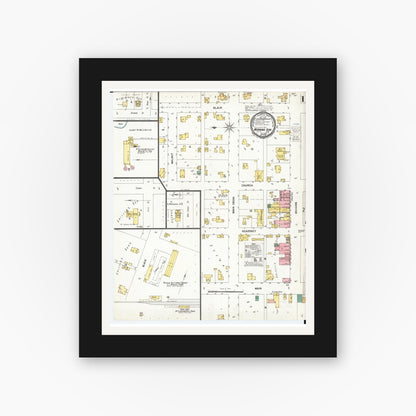 Old map wall art mockup — black gallery frame with white mat — Sanborn Fire Insurance Map from Morning Sun, Louisa County, Iowa (1900), Sheet #0001
