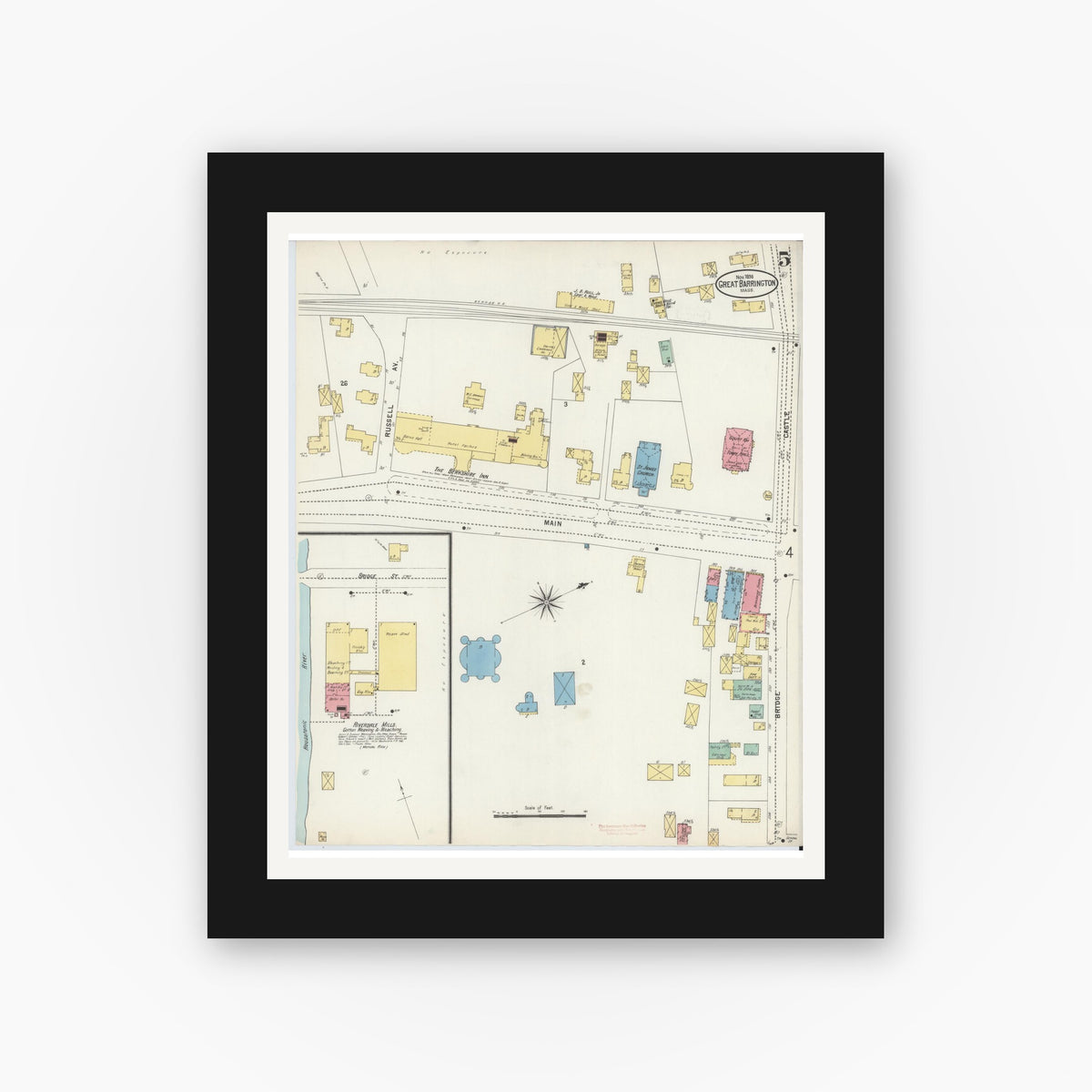Old map wall art mockup — black gallery frame with white mat — Sanborn Fire Insurance Map from Great Barrington, Berkshire County, Massachusetts (1898), Sheet #0005