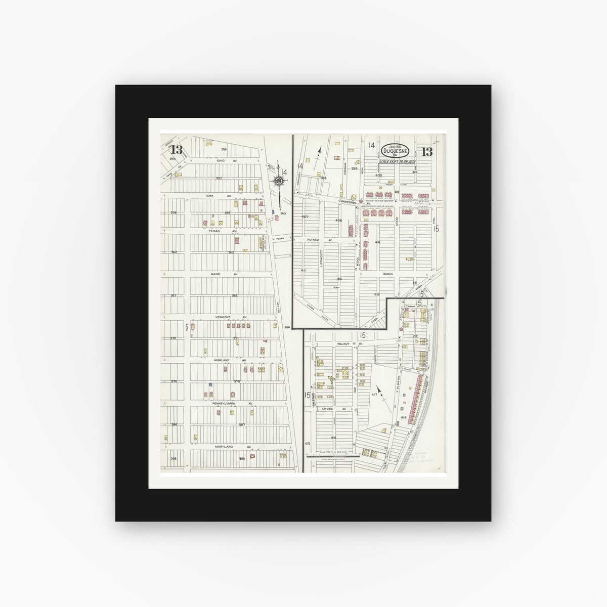 Old map wall art mockup — black gallery frame with white mat — Sanborn Fire Insurance Map from Duquesne, Allegheny County, Pennsylvania (1925), Sheet #0013