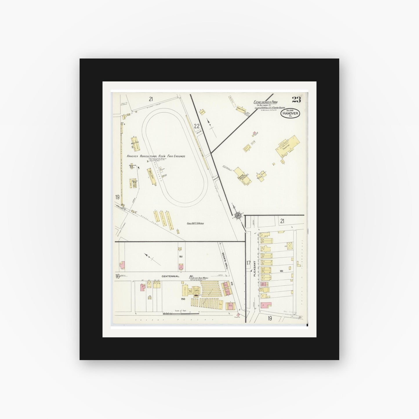 Old map wall art mockup — black gallery frame with white mat — Sanborn Fire Insurance Map from Hanover, York County, Pennsylvania (1909), Sheet #0023