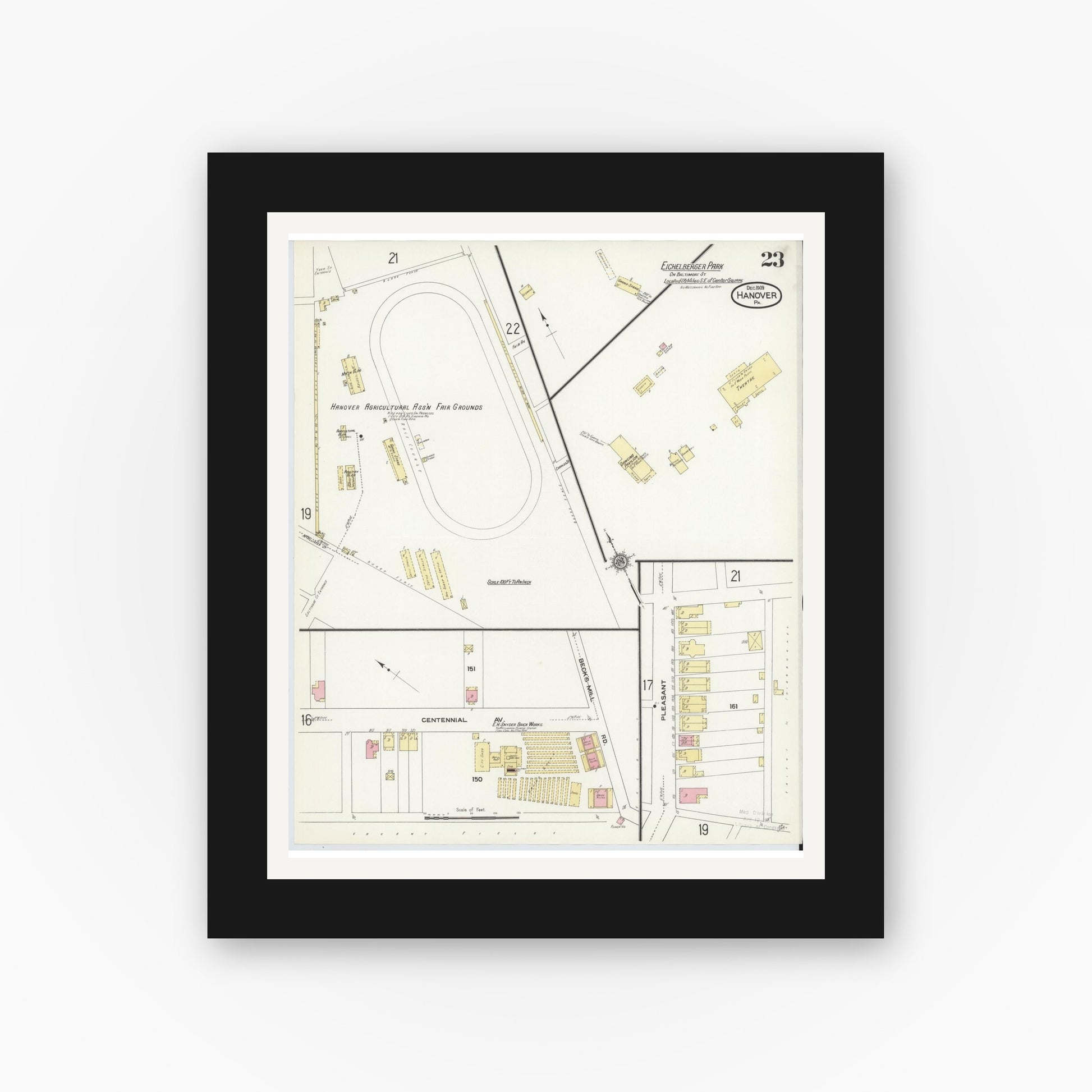 Old map wall art mockup — black gallery frame with white mat — Sanborn Fire Insurance Map from Hanover, York County, Pennsylvania (1909), Sheet #0023
