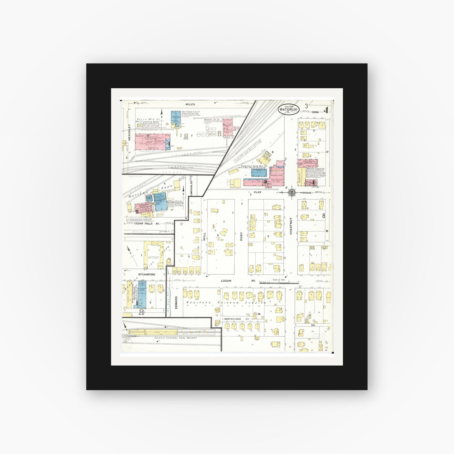 Old map wall art mockup — black gallery frame with white mat — Sanborn Fire Insurance Map from Waterloo, Black Hawk County, Iowa (1910), Sheet #0004
