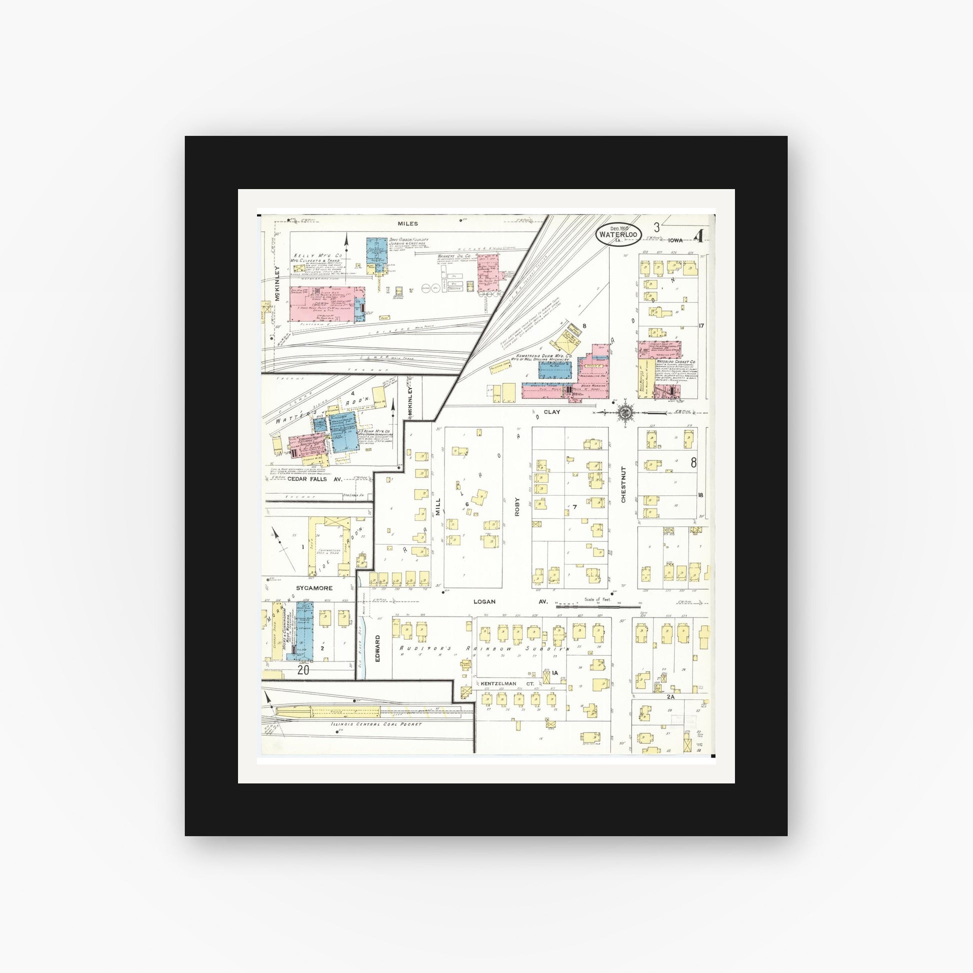 Old map wall art mockup — black gallery frame with white mat — Sanborn Fire Insurance Map from Waterloo, Black Hawk County, Iowa (1910), Sheet #0004