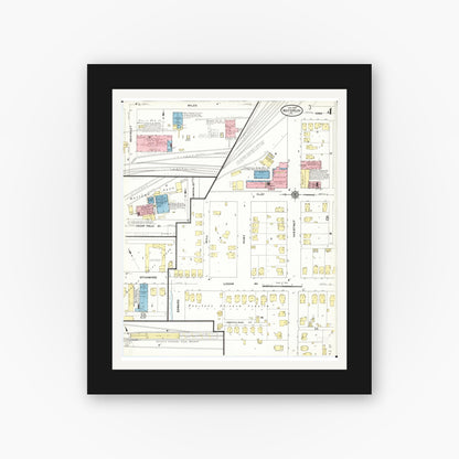 Old map wall art mockup — black gallery frame with white mat — Sanborn Fire Insurance Map from Waterloo, Black Hawk County, Iowa (1910), Sheet #0004