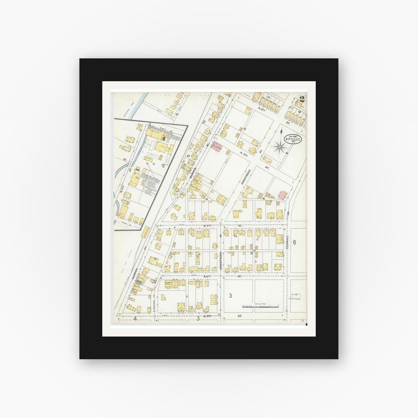 Old map wall art mockup — black gallery frame with white mat — Sanborn Fire Insurance Map from Apollo, Armstrong County, Pennsylvania (1904), Sheet #0002
