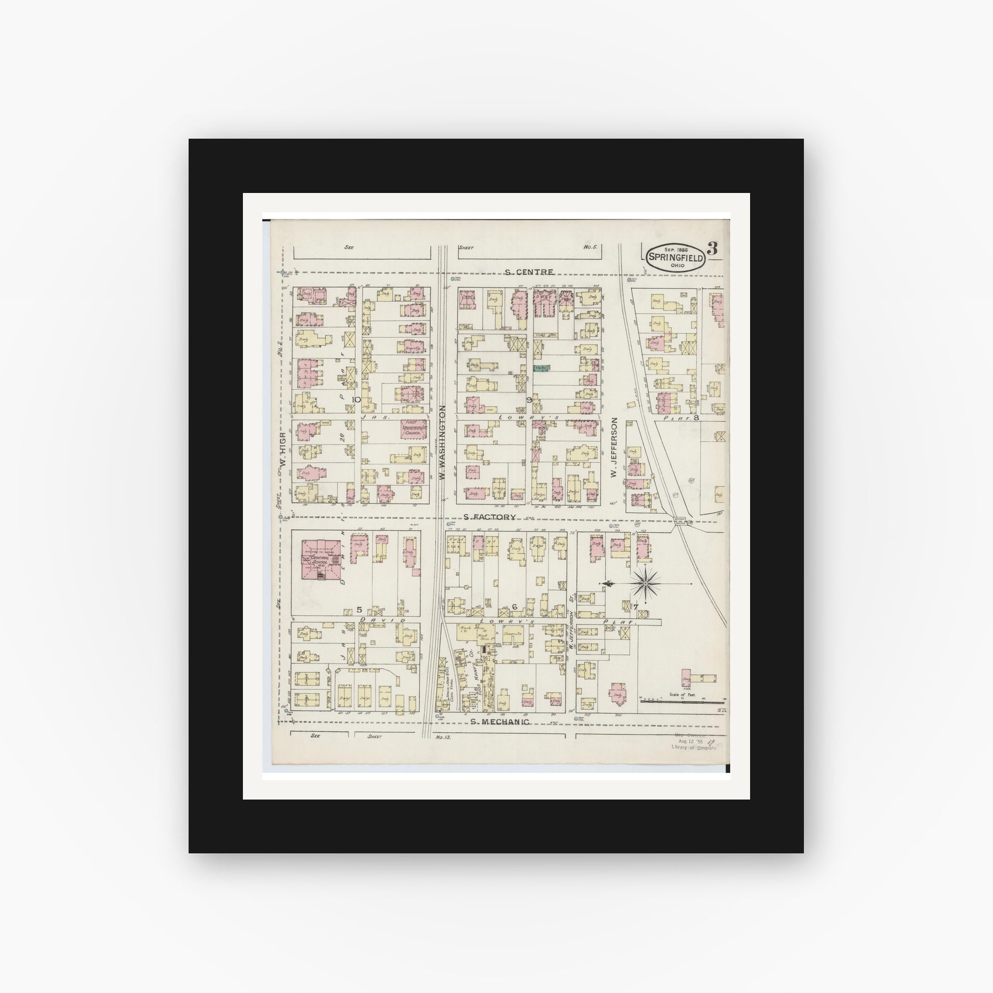 Old map wall art mockup — black gallery frame with white mat — Sanborn Fire Insurance Map from Springfield, Clark County, Ohio (1886), Sheet #0003