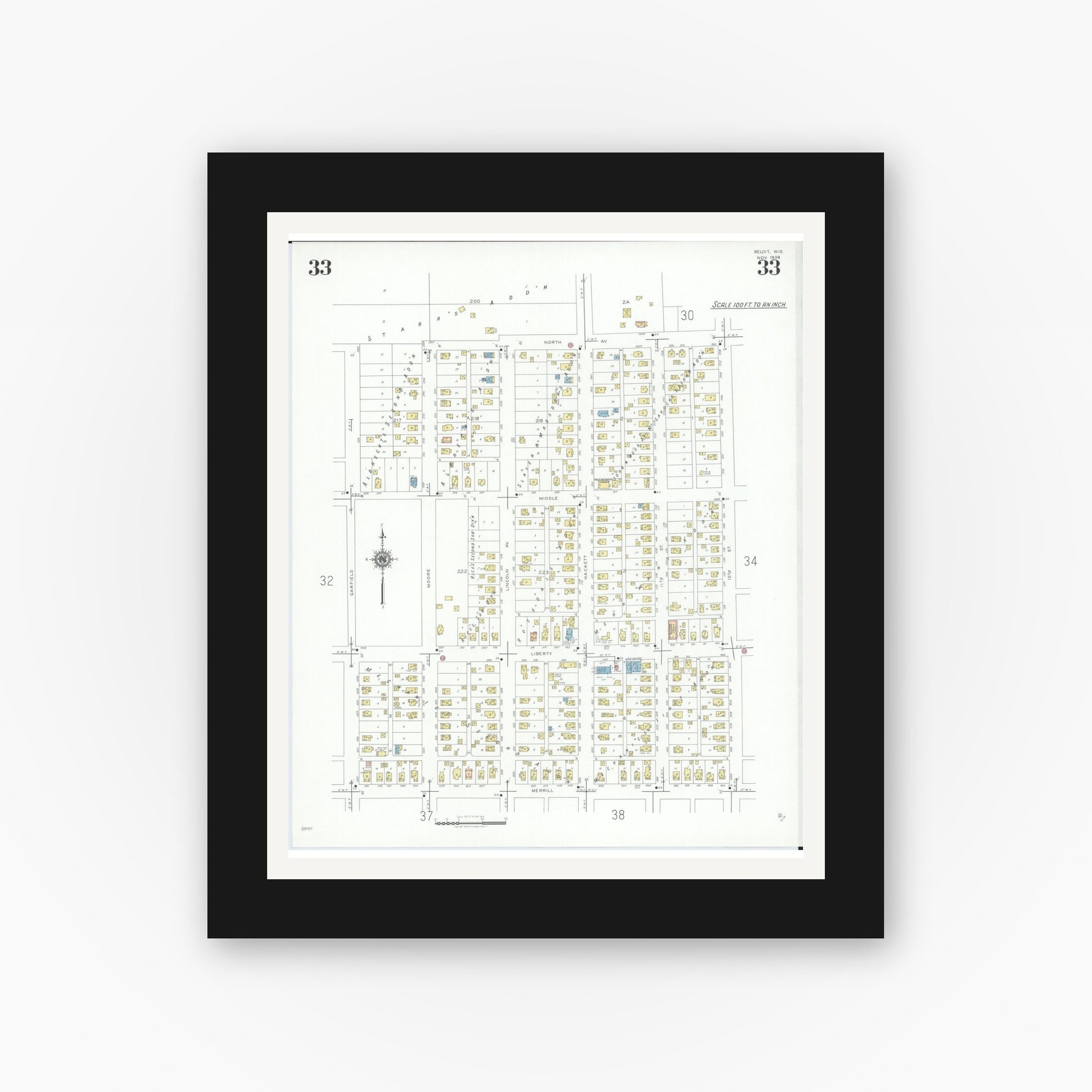 Old map wall art mockup — black gallery frame with white mat — Sanborn Fire Insurance Map from Beloit, Rock County, Wisconsin (1939), Sheet #0033
