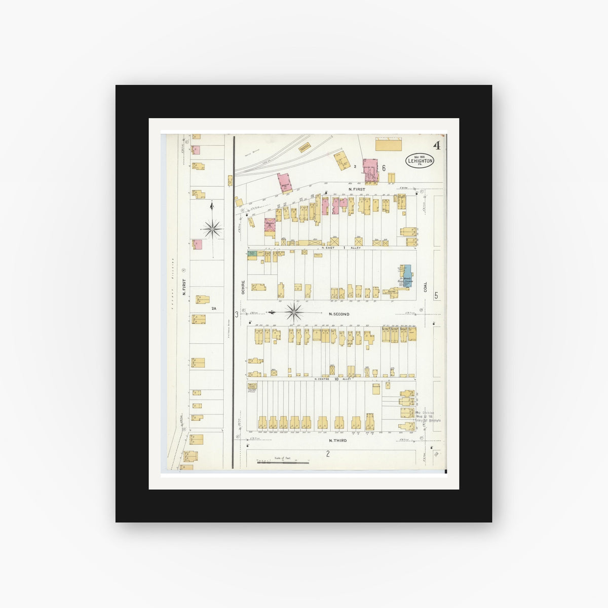 Old map wall art mockup — black gallery frame with white mat — Sanborn Fire Insurance Map from Lehighton, Carbon County, Pennsylvania (1908), Sheet #0004