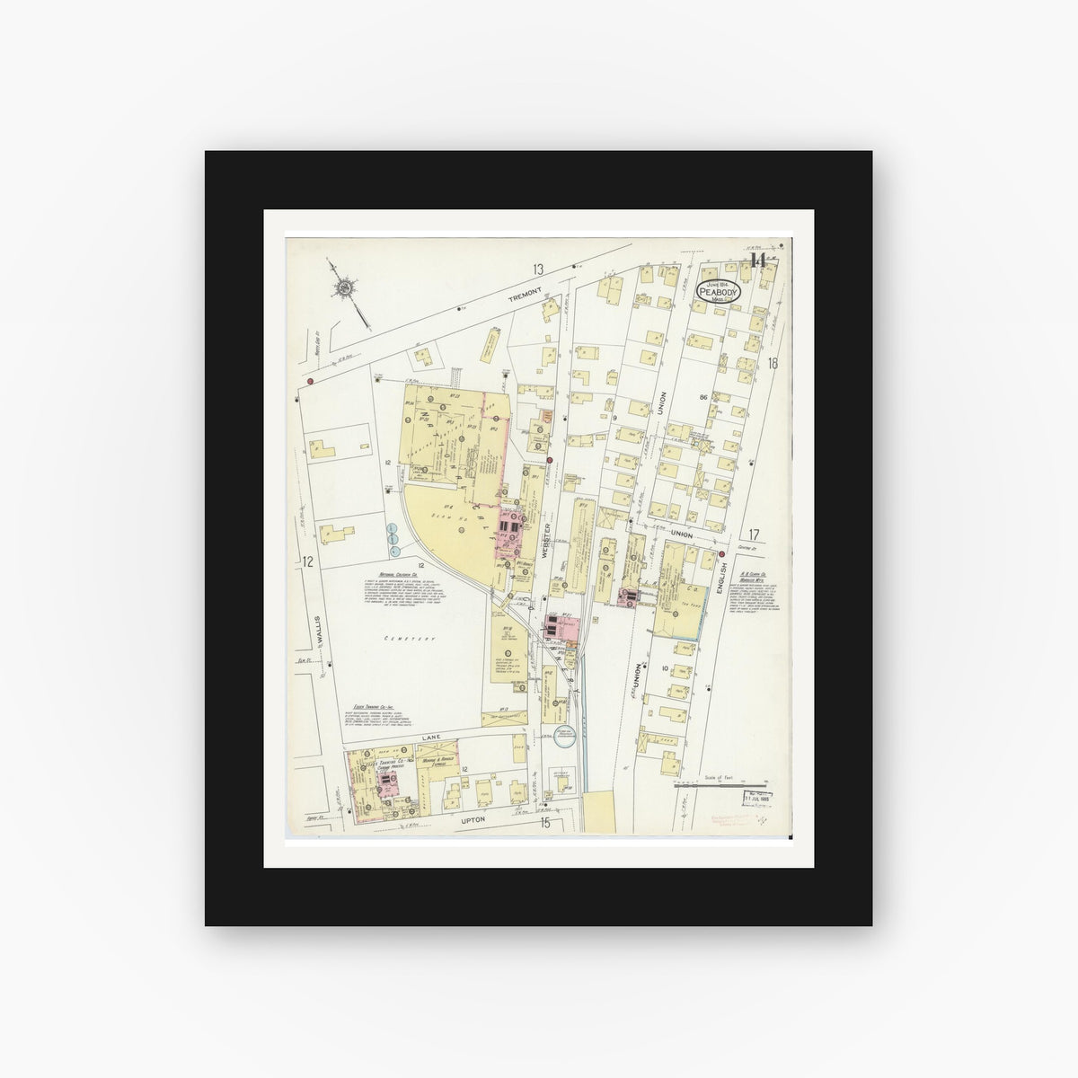 Old map wall art mockup — black gallery frame with white mat — Sanborn Fire Insurance Map from Peabody, Essex County, Massachusetts (1914), Sheet #0014