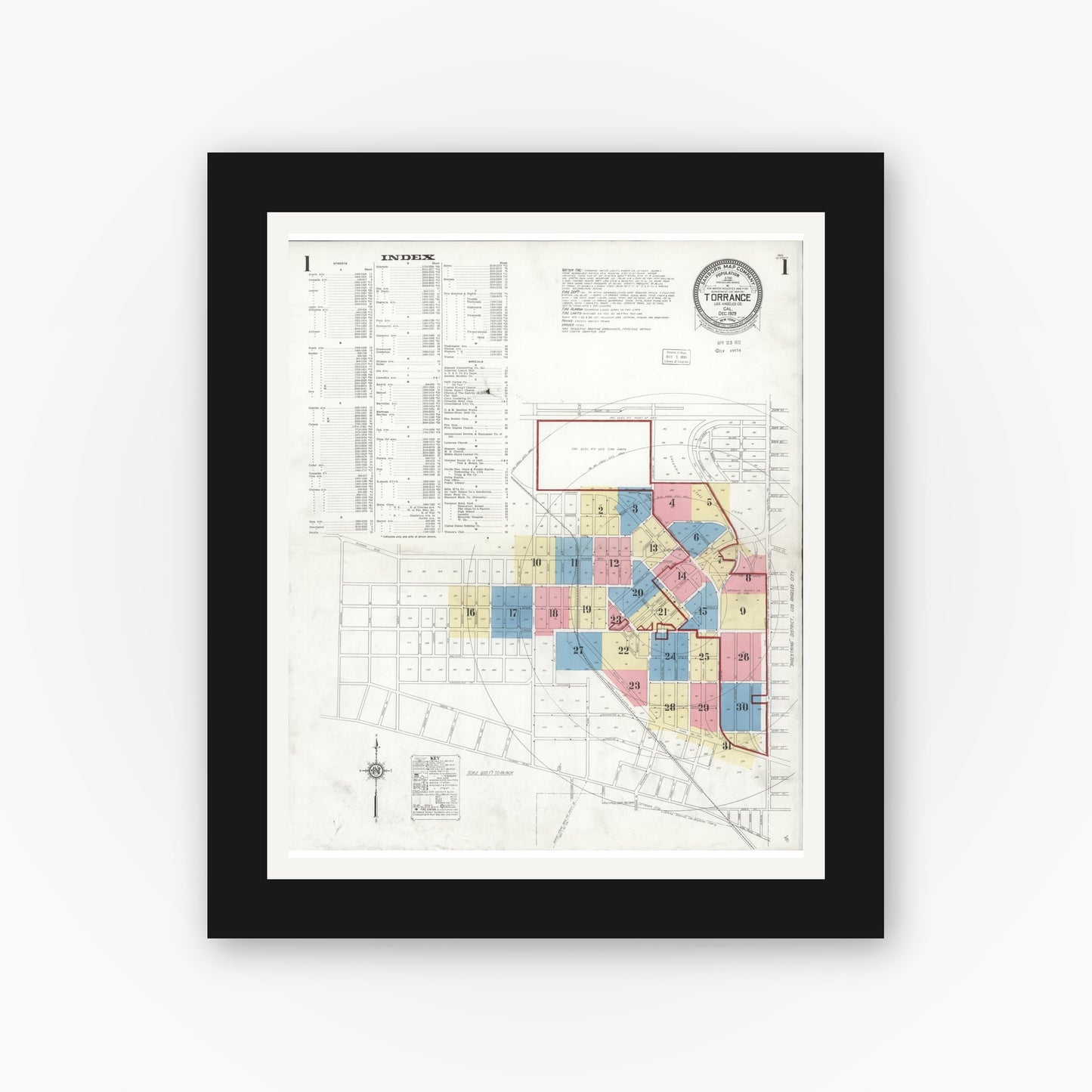 Old map wall art mockup — black gallery frame with white mat — Sanborn Fire Insurance Map from Torrance, Los Angeles County, California (1929) - Complete Map Set