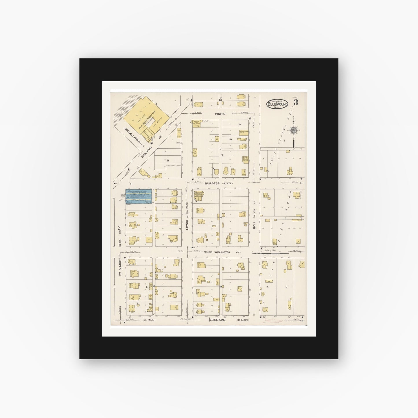 Old map wall art mockup — black gallery frame with white mat — Sanborn Fire Insurance Map from Blue Mound, Macon County, Illinois (1922), Sheet #0003