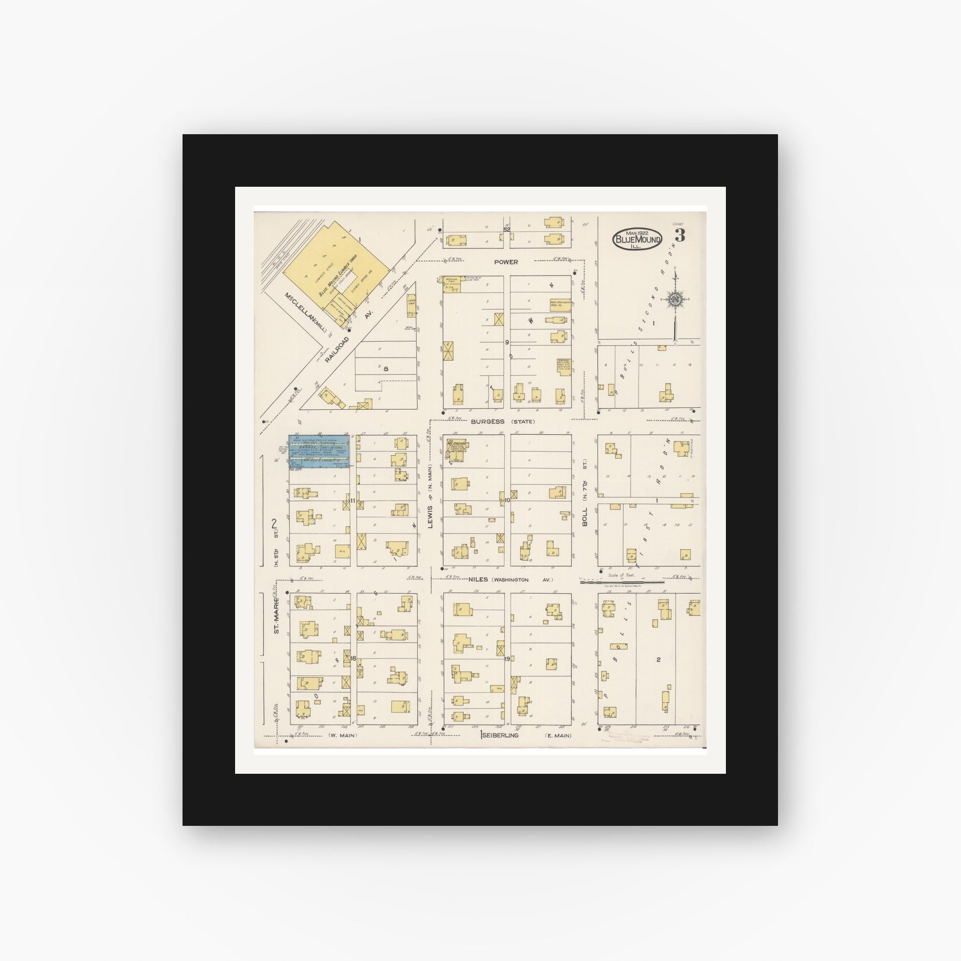 Old map wall art mockup — black gallery frame with white mat — Sanborn Fire Insurance Map from Blue Mound, Macon County, Illinois (1922), Sheet #0003
