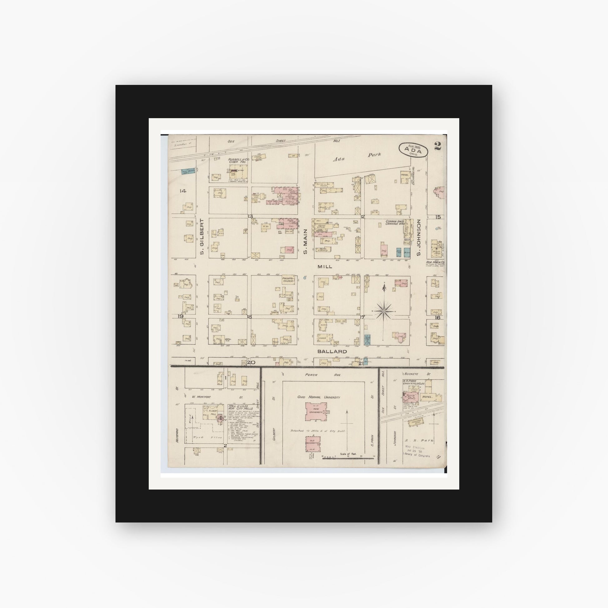 Old map wall art mockup — black gallery frame with white mat — Sanborn Fire Insurance Map from Ada, Hardin County, Ohio (1885), Sheet #0002