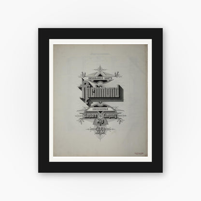 Old map wall art mockup — black gallery frame with white mat — Sanborn Fire Insurance Map from Richmond, Wayne County, Indiana (1909), Sheet #0001