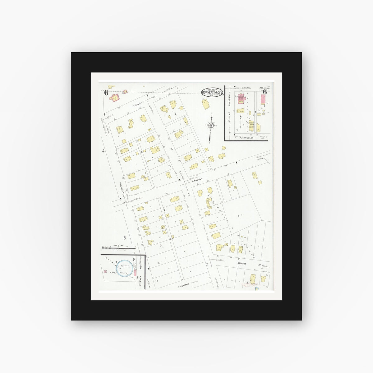 Old map wall art mockup — black gallery frame with white mat — Sanborn Fire Insurance Map from Downers Grove, Dupage County, Illinois (1927), Sheet #0006