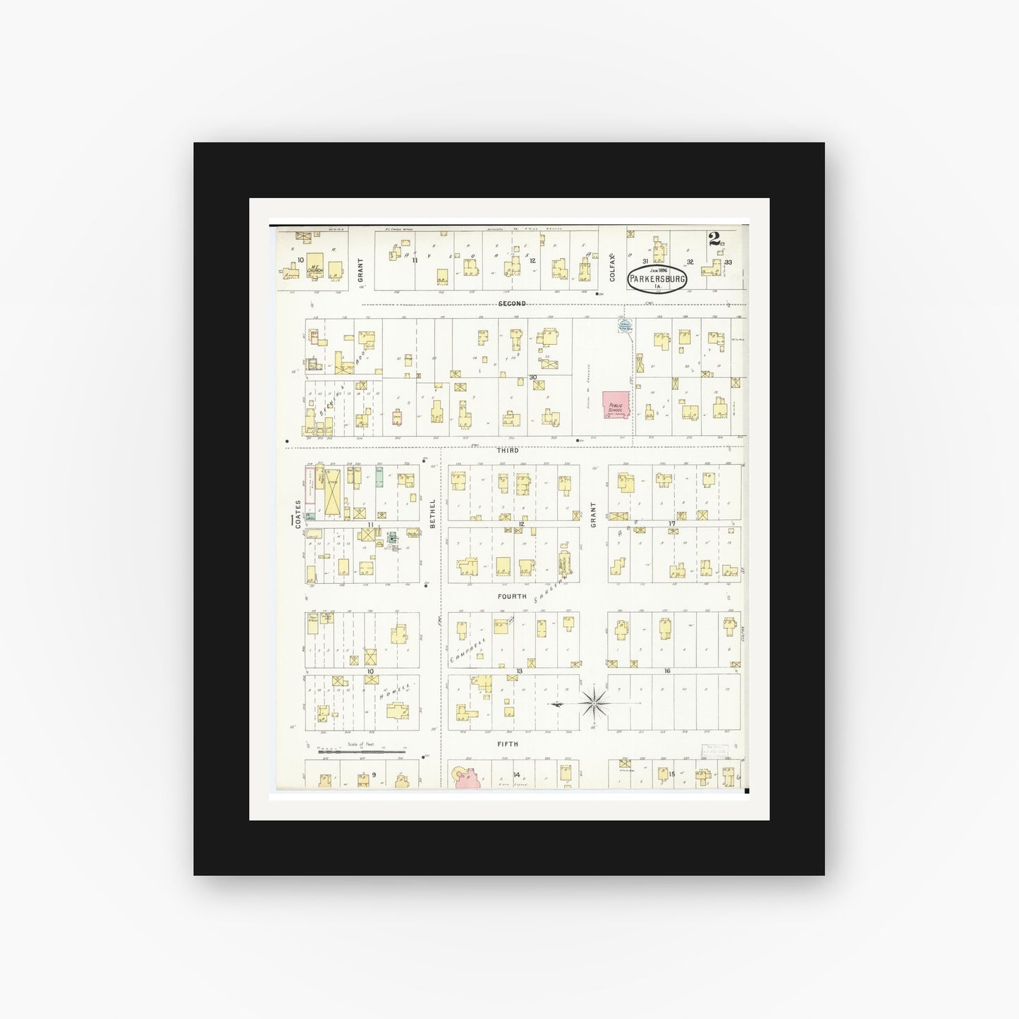 Old map wall art mockup — black gallery frame with white mat — Sanborn Fire Insurance Map from Parkersburg, Butler County, Iowa (1896), Sheet #0002