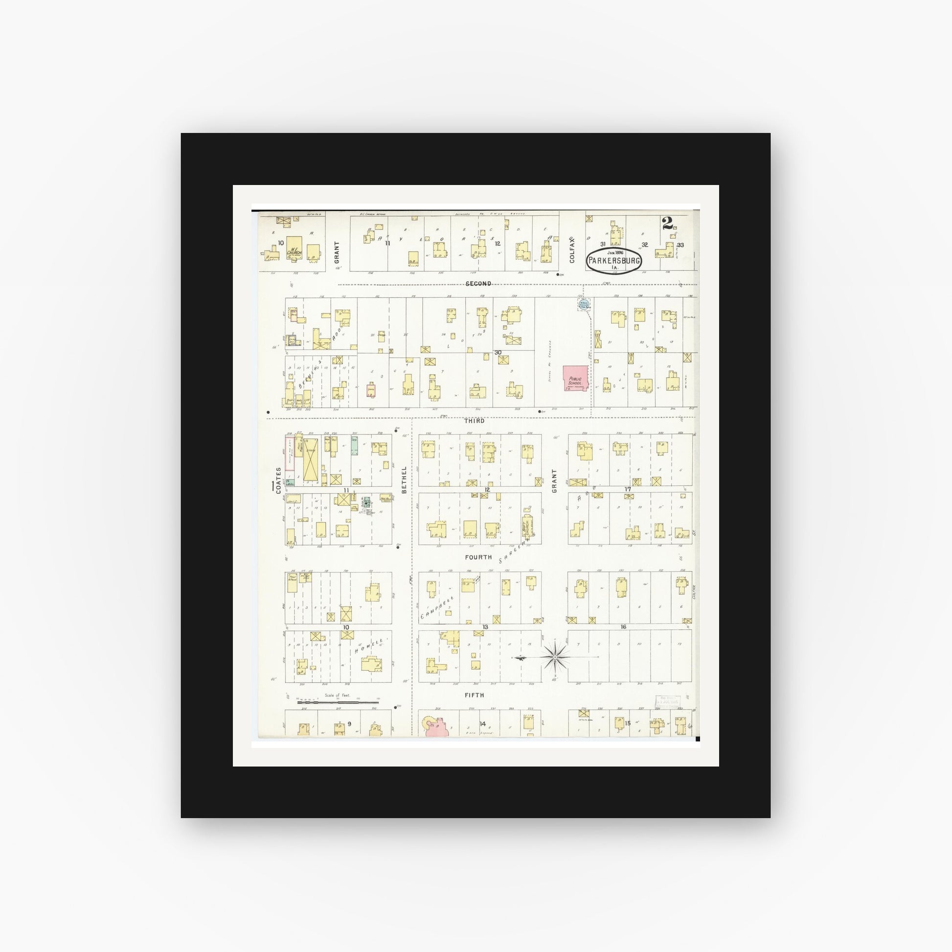 Old map wall art mockup — black gallery frame with white mat — Sanborn Fire Insurance Map from Parkersburg, Butler County, Iowa (1896), Sheet #0002