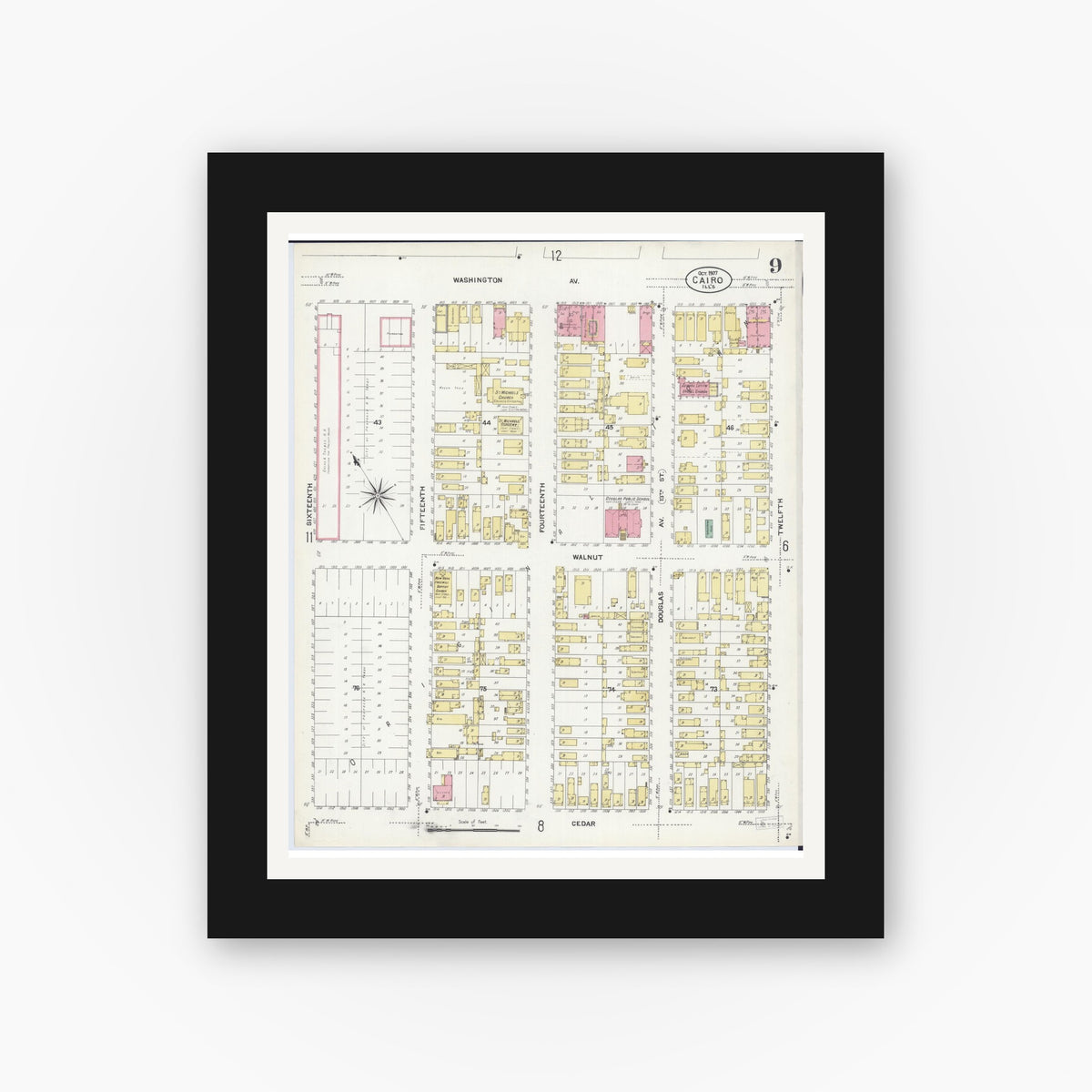 Old map wall art mockup — black gallery frame with white mat — Sanborn Fire Insurance Map from Cairo, Alexander County, Illinois (1907), Sheet #0009