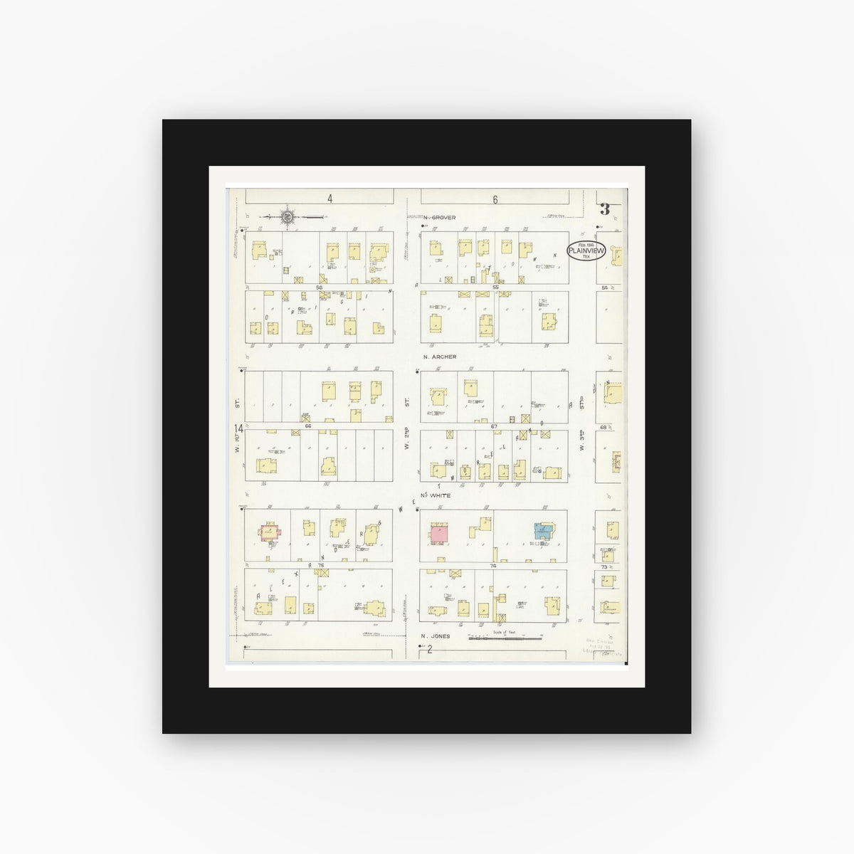 Old map wall art mockup — black gallery frame with white mat — Sanborn Fire Insurance Map from Plainview, Hale County, Texas (1914), Sheet #0003