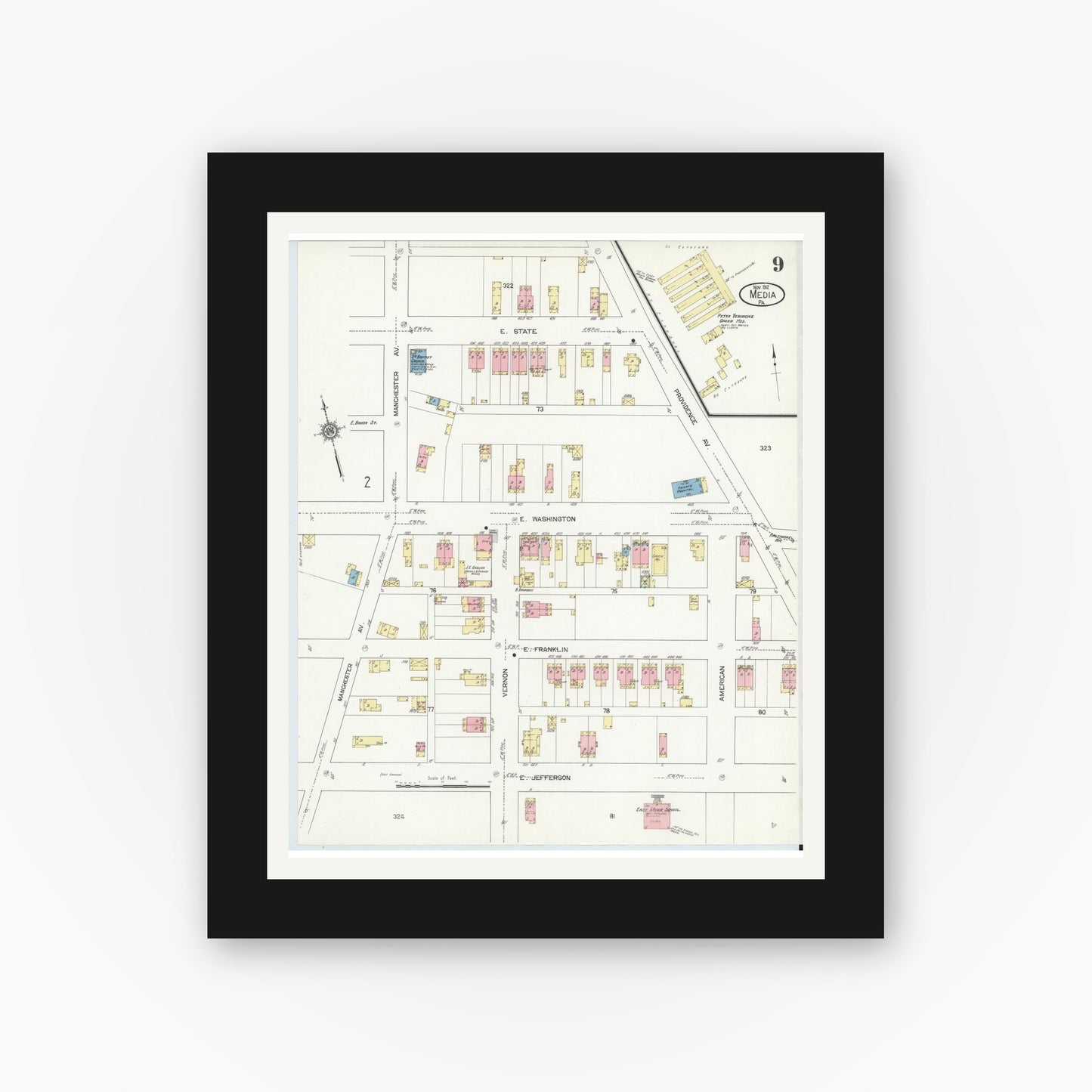 Old map wall art mockup — black gallery frame with white mat — Sanborn Fire Insurance Map from Media, Delaware County, Pennsylvania (1912), Sheet #0009