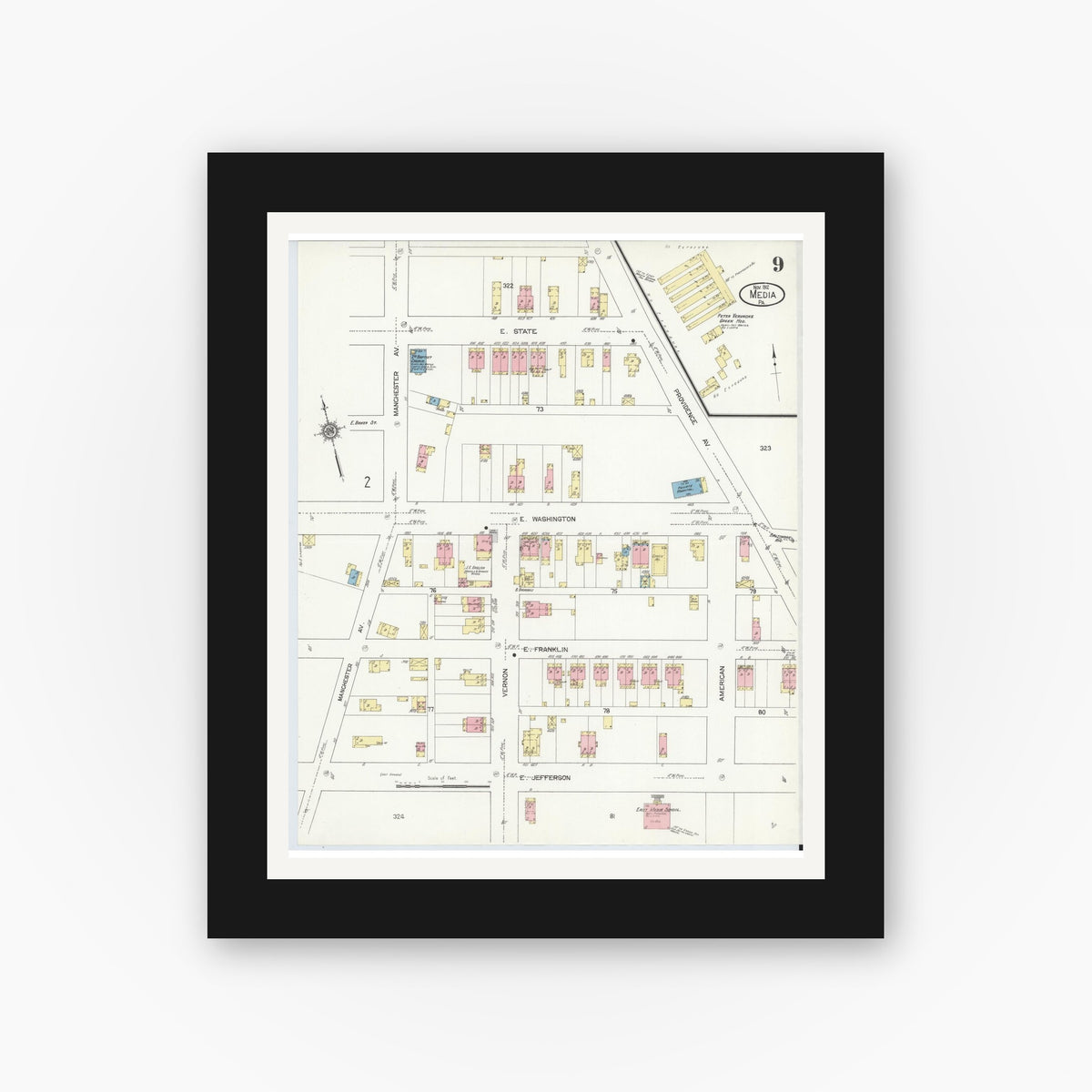 Old map wall art mockup — black gallery frame with white mat — Sanborn Fire Insurance Map from Media, Delaware County, Pennsylvania (1912), Sheet #0009