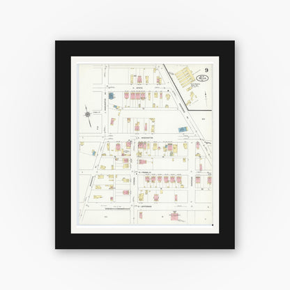 Old map wall art mockup — black gallery frame with white mat — Sanborn Fire Insurance Map from Media, Delaware County, Pennsylvania (1912), Sheet #0009