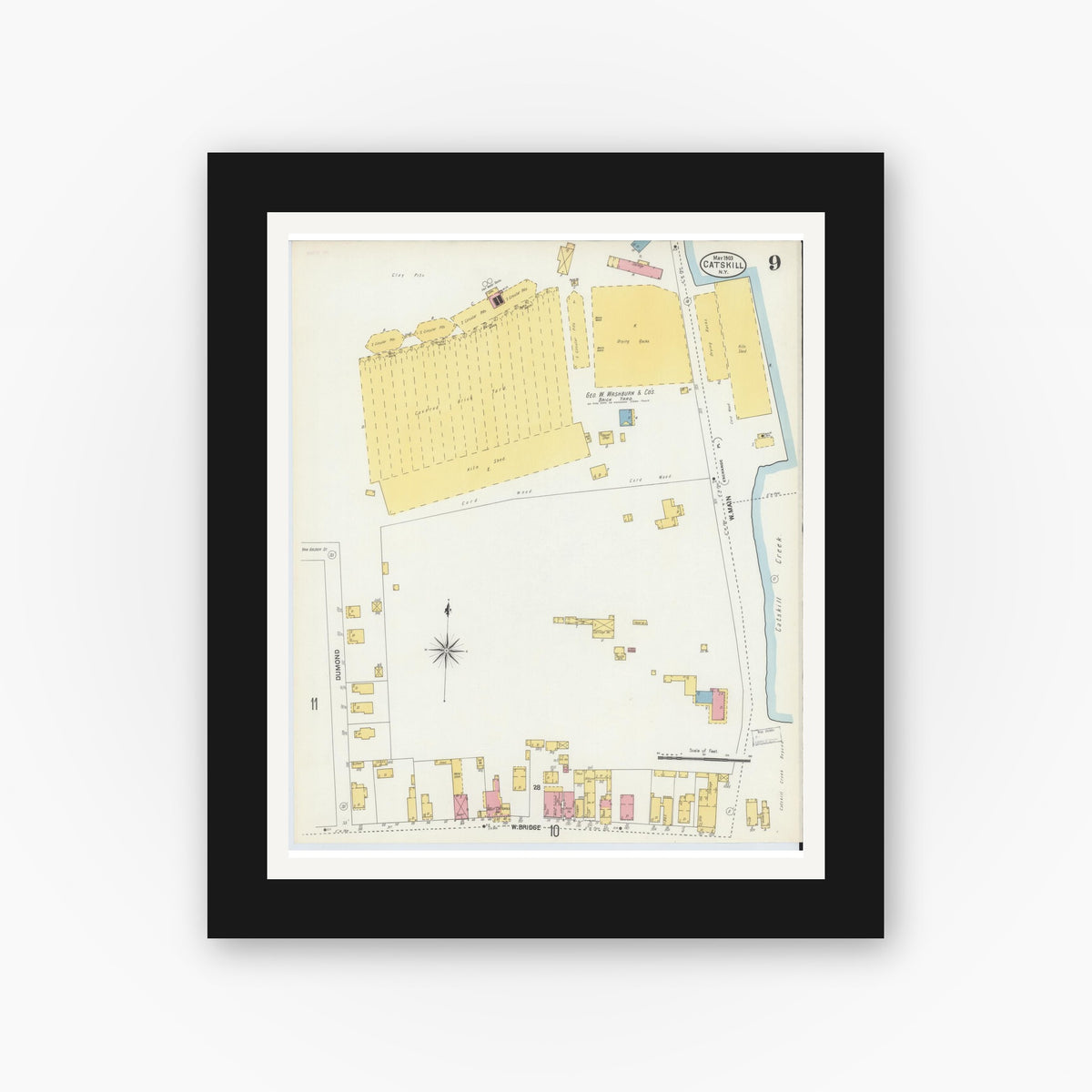 Old map wall art mockup — black gallery frame with white mat — Sanborn Fire Insurance Map from Catskill, Greene County, New York (1903), Sheet #0009