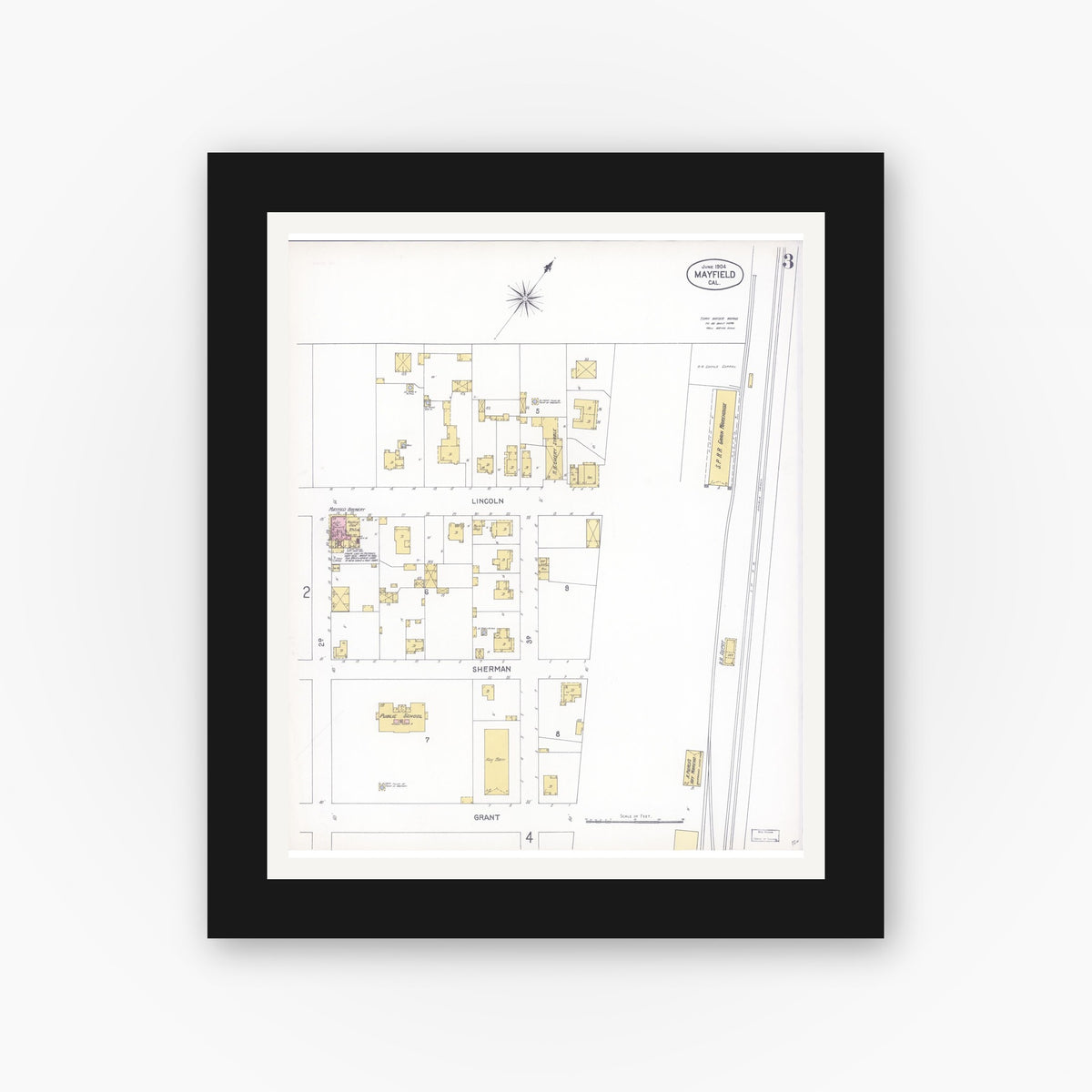 Old map wall art mockup — black gallery frame with white mat — Sanborn Fire Insurance Map from Mayfield, Santa Clara County, California (1904), Sheet #0003