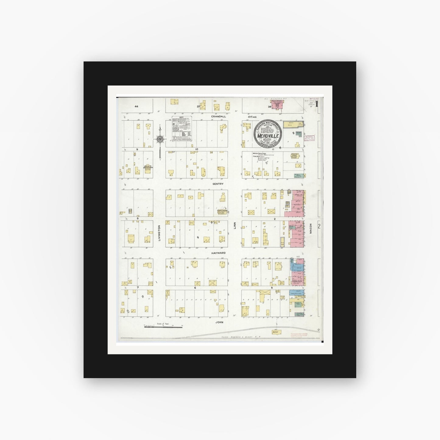 Old map wall art mockup — black gallery frame with white mat — Sanborn Fire Insurance Map from Meadville, Linn County, Missouri (1910) - Complete Map Set
