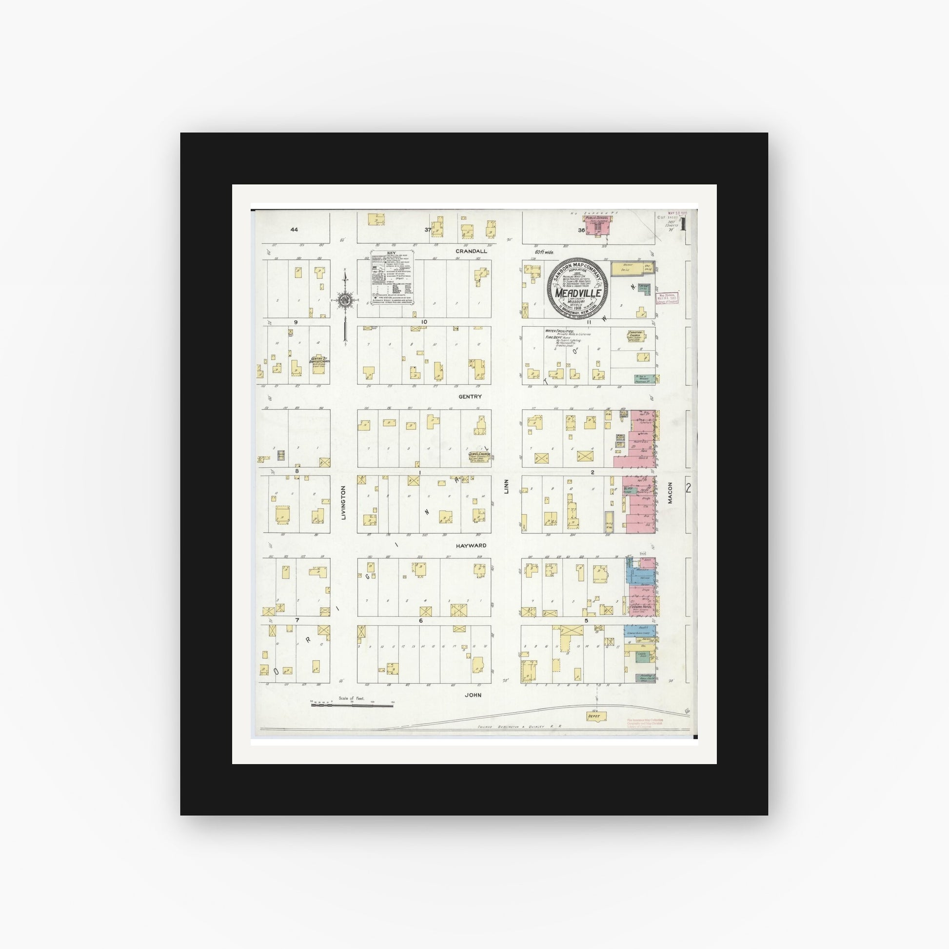 Old map wall art mockup — black gallery frame with white mat — Sanborn Fire Insurance Map from Meadville, Linn County, Missouri (1910) - Complete Map Set
