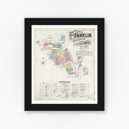 Old map wall art mockup — black gallery frame with white mat — Sanborn Fire Insurance Map from Franklin, Venango County, Pennsylvania (1896) - Complete Map Set