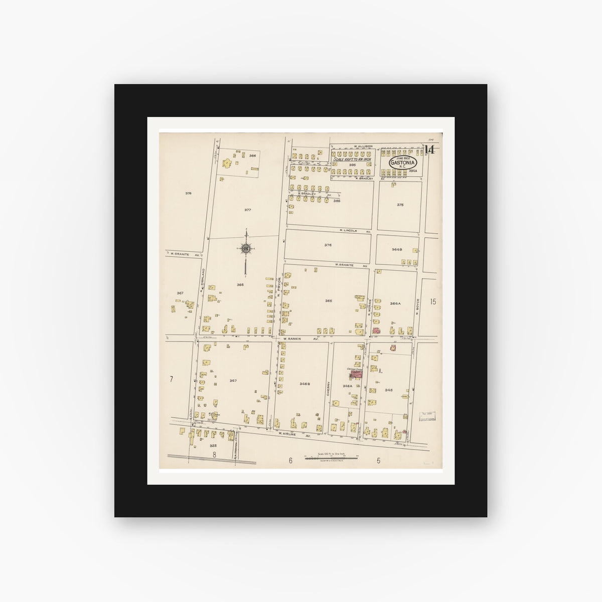 Old map wall art mockup — black gallery frame with white mat — Sanborn Fire Insurance Map from Gastonia, Gaston County, North Carolina (1922), Sheet #0014