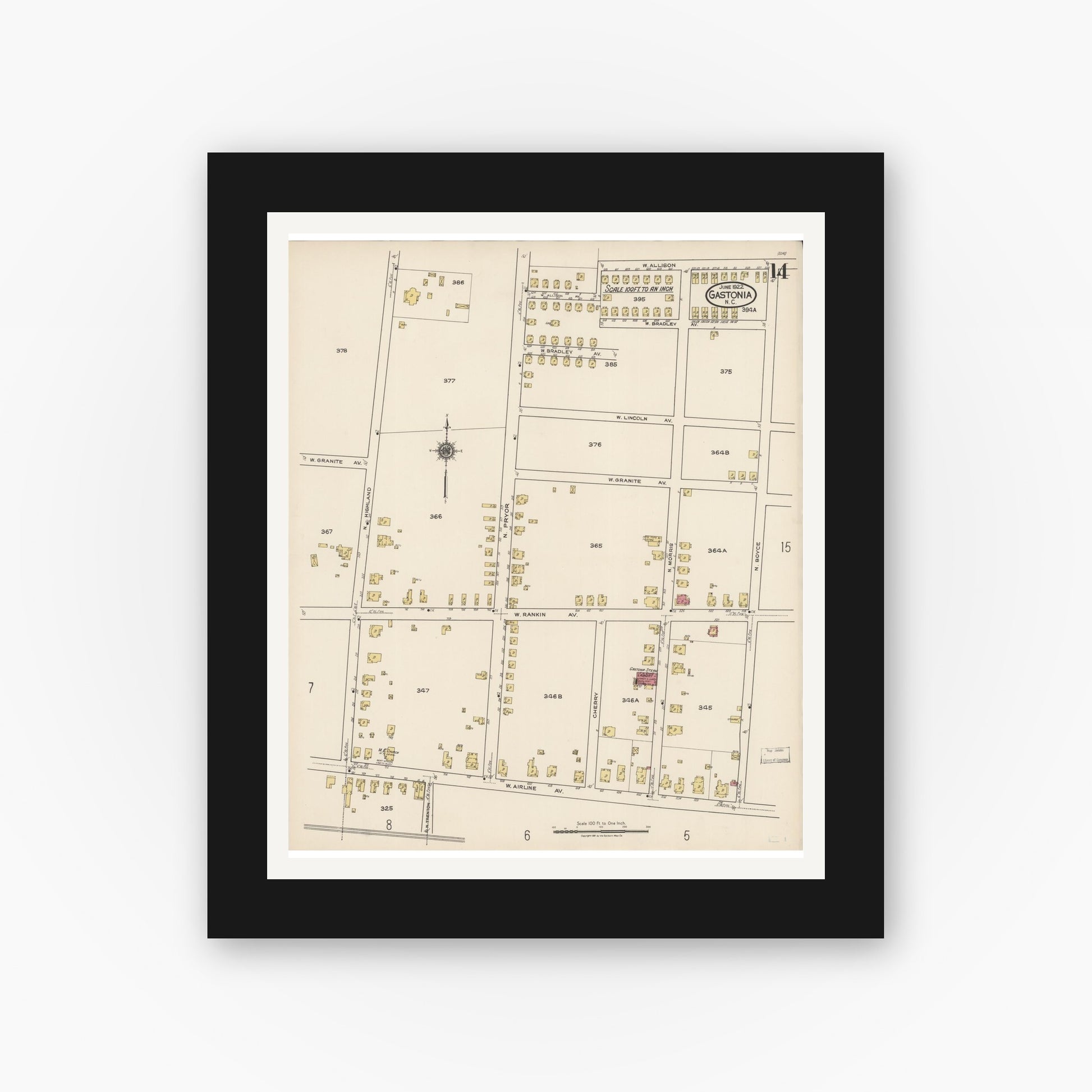Old map wall art mockup — black gallery frame with white mat — Sanborn Fire Insurance Map from Gastonia, Gaston County, North Carolina (1922), Sheet #0014
