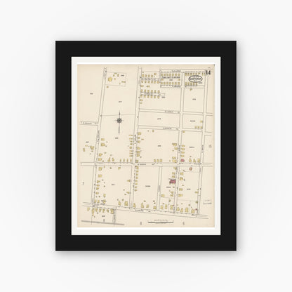 Old map wall art mockup — black gallery frame with white mat — Sanborn Fire Insurance Map from Gastonia, Gaston County, North Carolina (1922), Sheet #0014