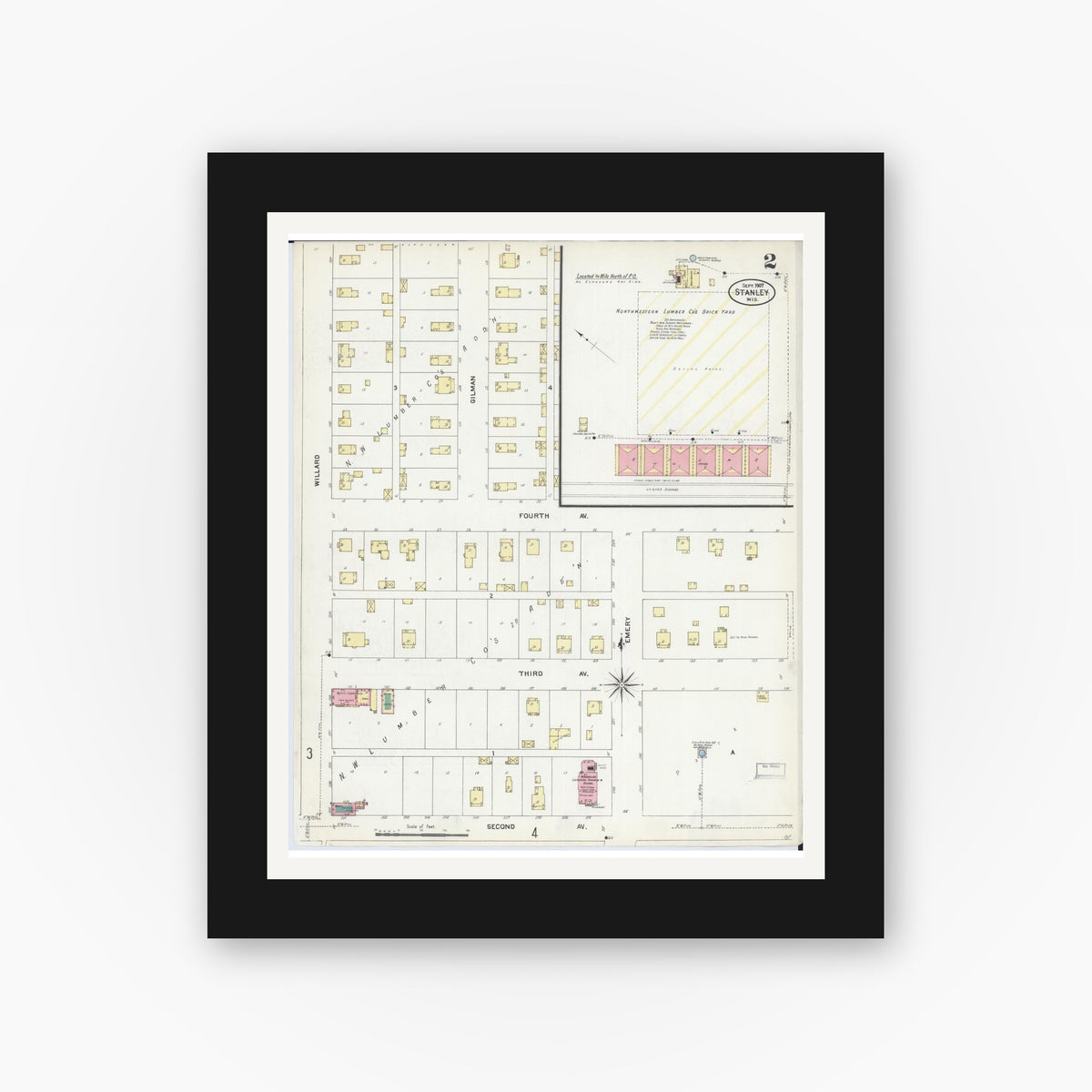Old map wall art mockup — black gallery frame with white mat — Sanborn Fire Insurance Map from Stanley, Chippewa County, Wisconsin (1907), Sheet #0002