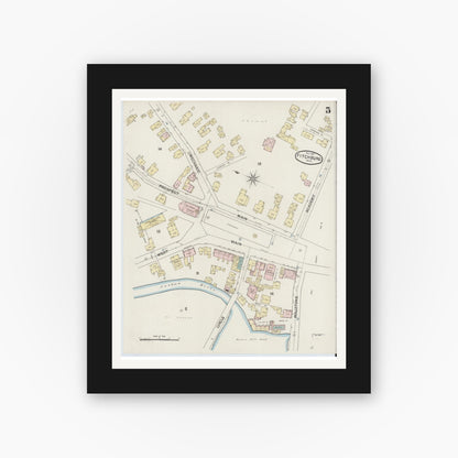 Old map wall art mockup — black gallery frame with white mat — Sanborn Fire Insurance Map from Fitchburg, Worcester County, Massachusetts (1887), Sheet #0005