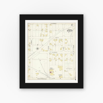 Old map wall art mockup — black gallery frame with white mat — Sanborn Fire Insurance Map from Bloomington, Monroe County, Indiana (1907), Sheet #0002