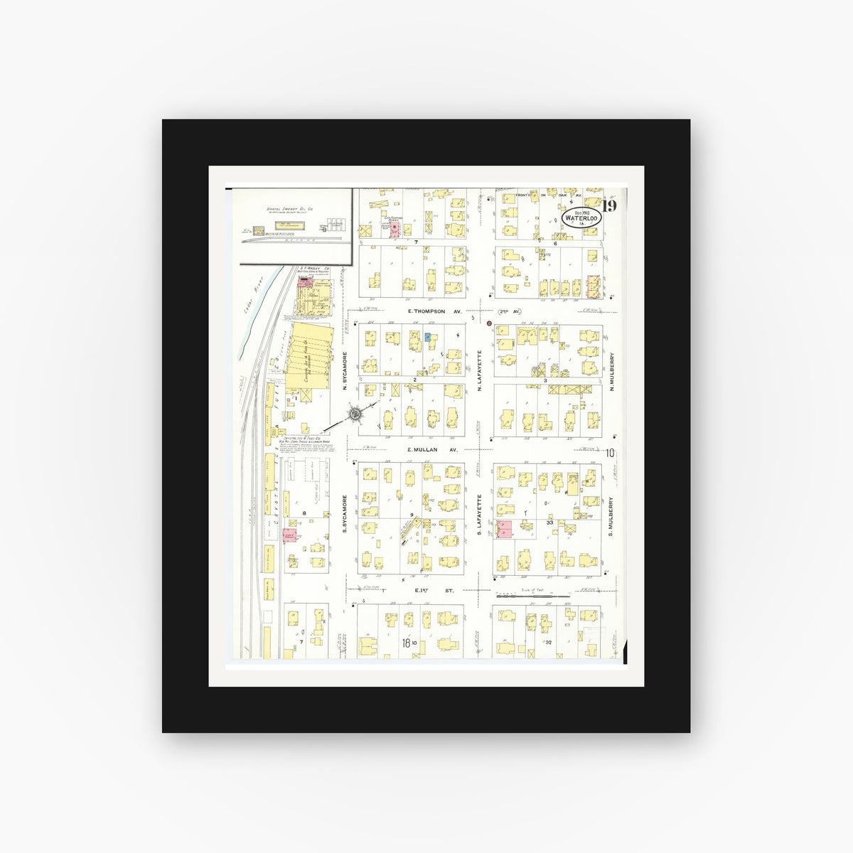 Old map wall art mockup — black gallery frame with white mat — Sanborn Fire Insurance Map from Waterloo, Black Hawk County, Iowa (1910), Sheet #0019