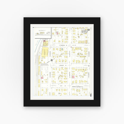 Old map wall art mockup — black gallery frame with white mat — Sanborn Fire Insurance Map from Waterloo, Black Hawk County, Iowa (1910), Sheet #0019
