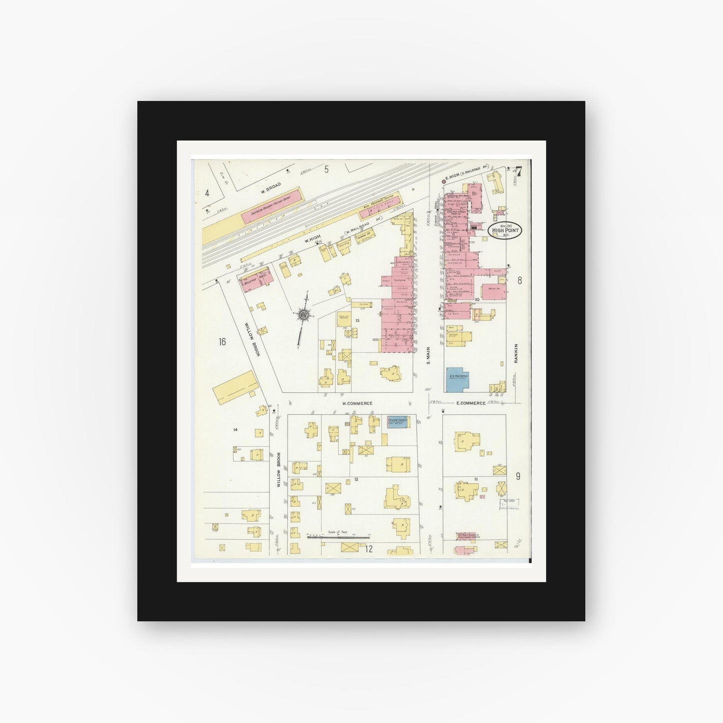Old map wall art mockup — black gallery frame with white mat — Sanborn Fire Insurance Map from High Point, Guilford County, North Carolina (1911), Sheet #0007