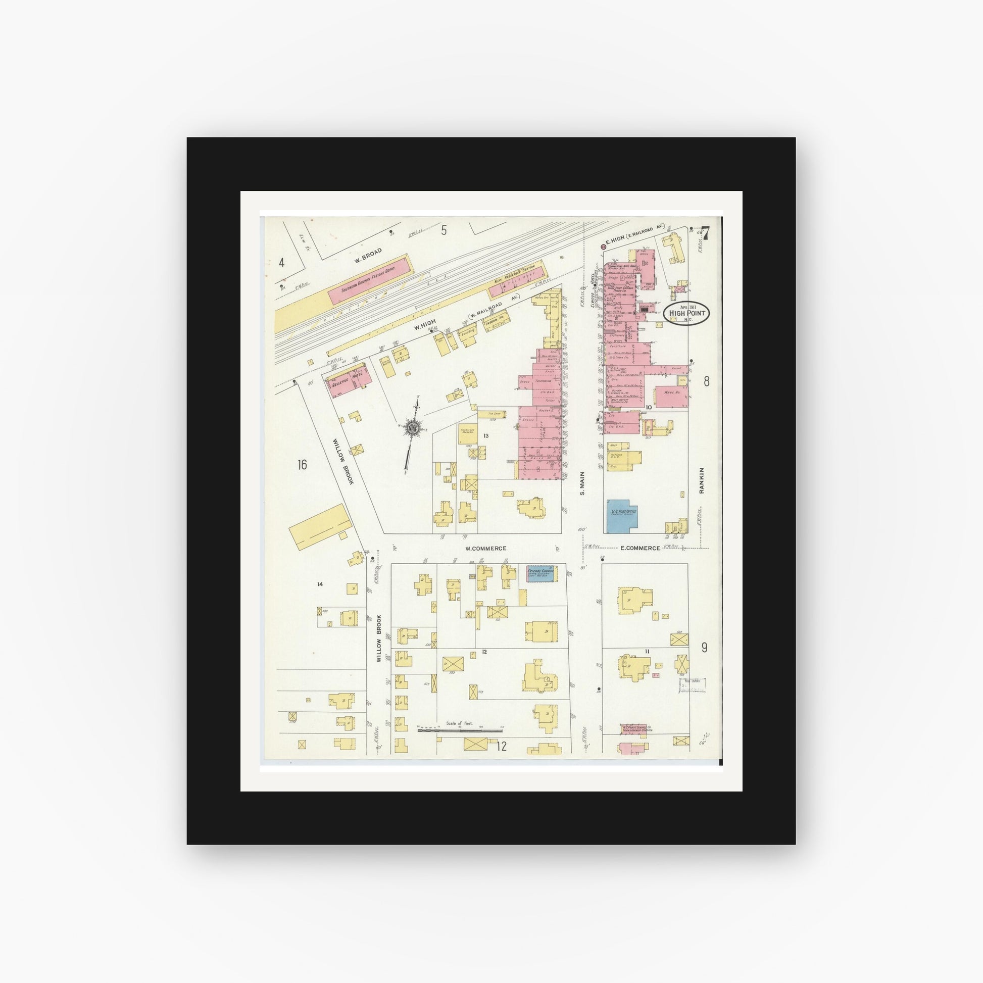 Old map wall art mockup — black gallery frame with white mat — Sanborn Fire Insurance Map from High Point, Guilford County, North Carolina (1911), Sheet #0007