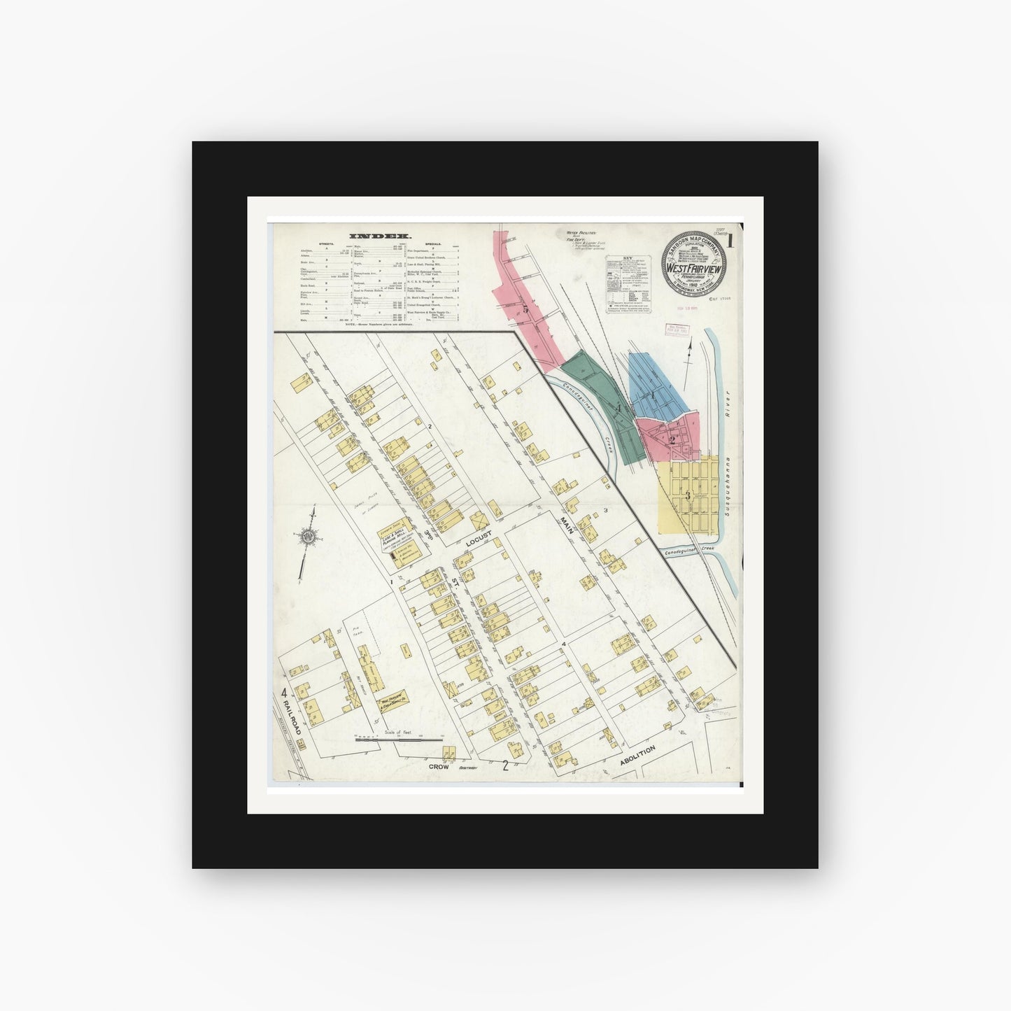 Old map wall art mockup — black gallery frame with white mat — Sanborn Fire Insurance Map from West Fairview, Cumberland County, Pennsylvania (1910), Sheet #0001