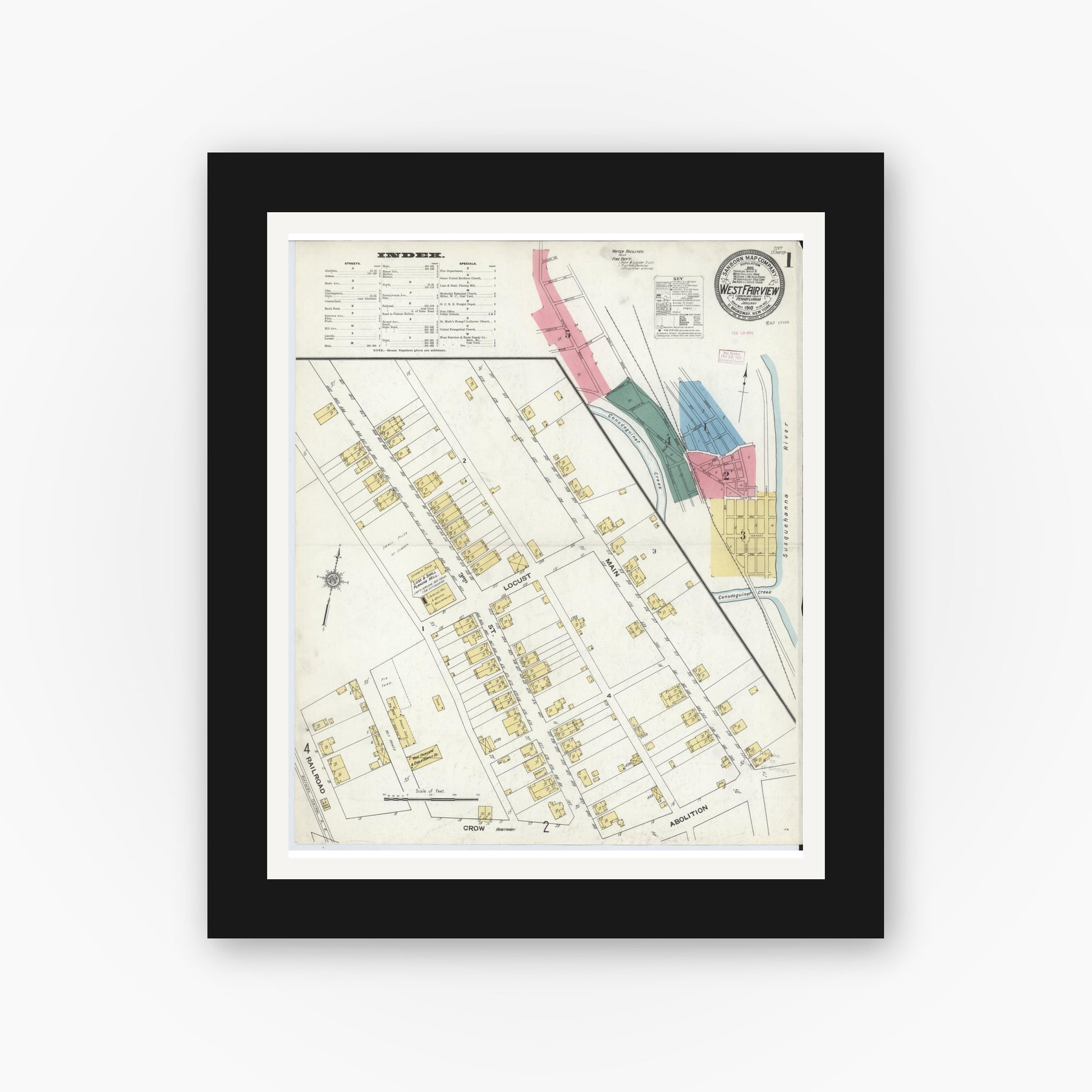 Old map wall art mockup — black gallery frame with white mat — Sanborn Fire Insurance Map from West Fairview, Cumberland County, Pennsylvania (1910), Sheet #0001