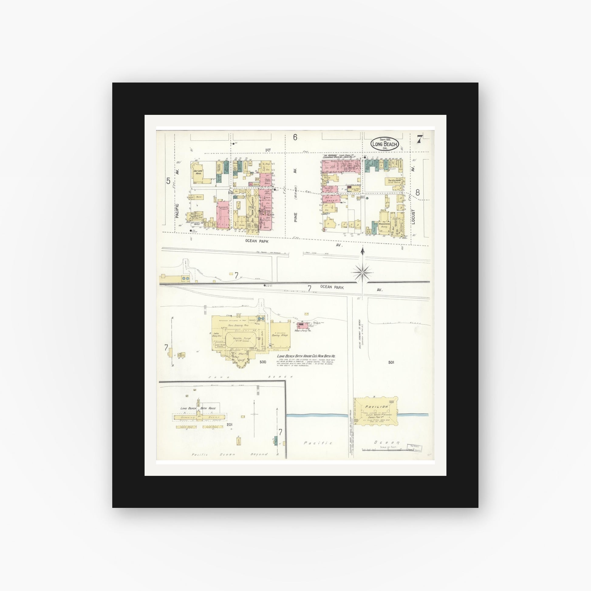 Old map wall art mockup — black gallery frame with white mat — Sanborn Fire Insurance Map from Long Beach, Los Angeles County, California (1902), Sheet #0007