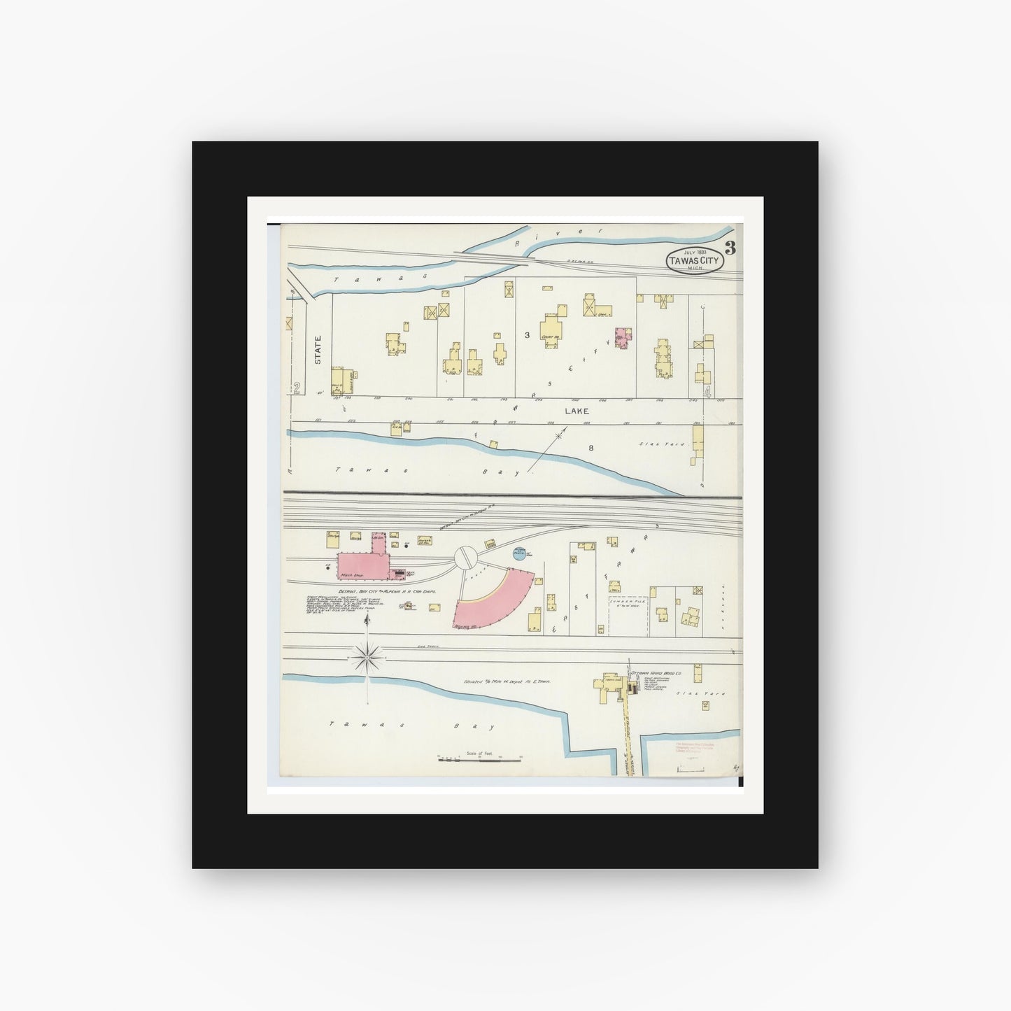 Old map wall art mockup — black gallery frame with white mat — Sanborn Fire Insurance Map from East Tawas, Iosco County, Michigan (1893), Sheet #0003
