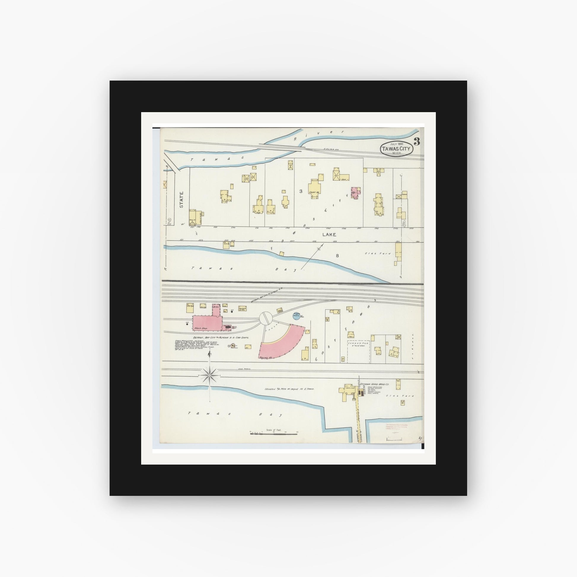 Old map wall art mockup — black gallery frame with white mat — Sanborn Fire Insurance Map from East Tawas, Iosco County, Michigan (1893), Sheet #0003