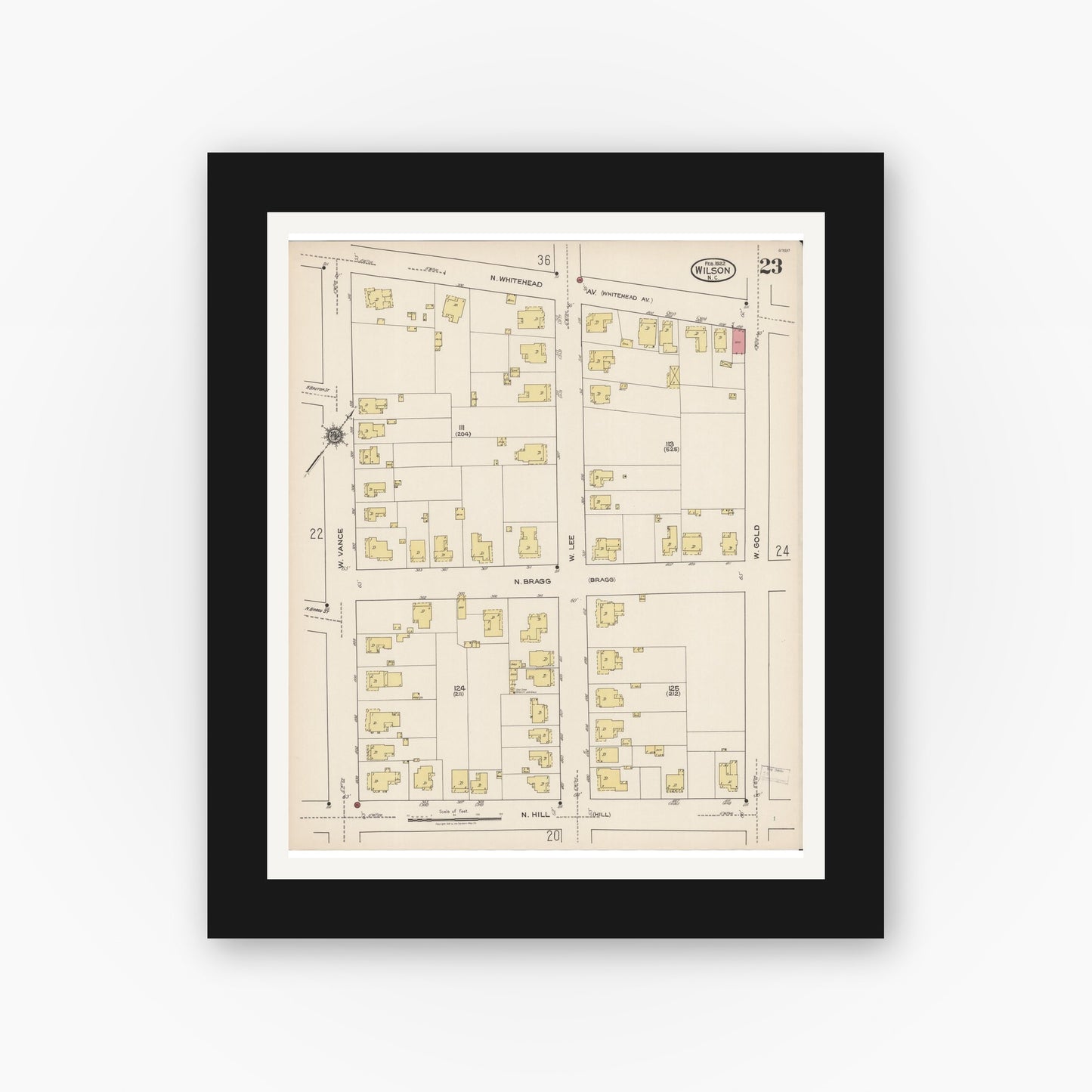 Old map wall art mockup — black gallery frame with white mat — Sanborn Fire Insurance Map from Wilson, Wilson County, North Carolina (1922), Sheet #0023