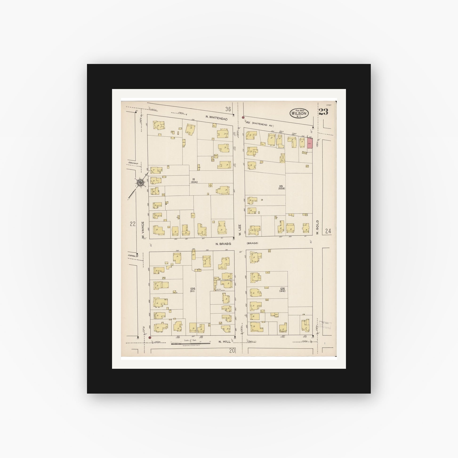 Old map wall art mockup — black gallery frame with white mat — Sanborn Fire Insurance Map from Wilson, Wilson County, North Carolina (1922), Sheet #0023