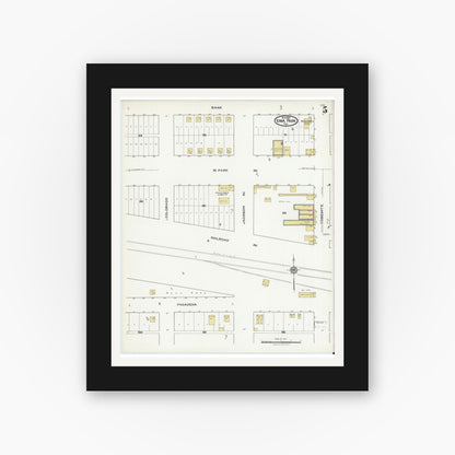Old map wall art mockup — black gallery frame with white mat — Sanborn Fire Insurance Map from Iowa Park, Wichita County, Texas (1921), Sheet #0005